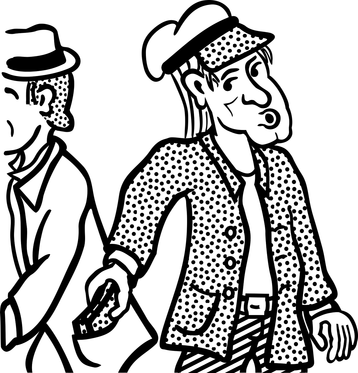 a drawing of a thief taking a wallet from another man's pocket