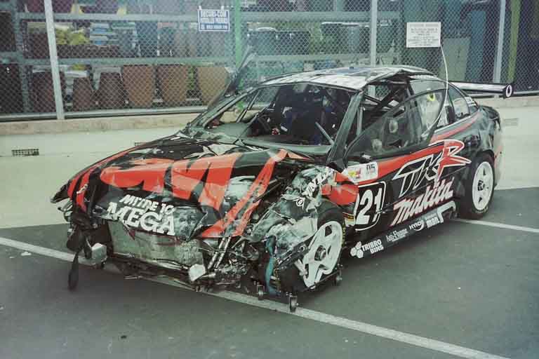 smashed up front of the racing car